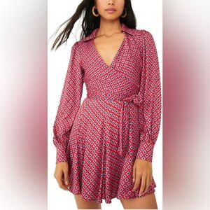 FREE PEOPLE S It Takes Two Lng Sleeve Geometric Belted Open Back Mini Dress Pink